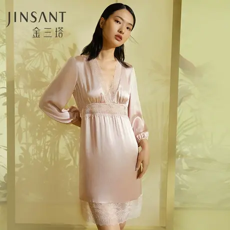 金三塔100%桑蚕丝真丝蕾丝拼接女士时尚V领美背睡裙家居服23新品图片
