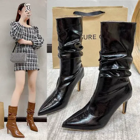 欧美尖头褶皱中筒长靴女2023秋季细跟蛇纹堆堆靴高跟不过膝长筒靴商品大图
