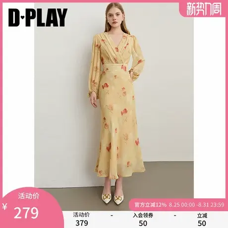 DPLAY2025年秋季新款黄色连衣裙女法式泡泡袖雪纺印花裙子长裙图片