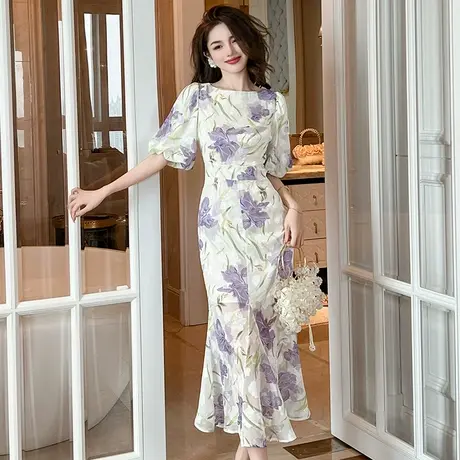浪漫复古温柔风碎花连衣裙女装夏季优雅气质修身显瘦荷叶边鱼尾裙图片