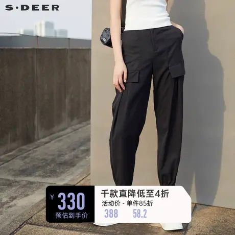 sdeer圣迪奥夏装松紧拼接休闲裤插袋运动黑色长裤女S222Z0801商品大图