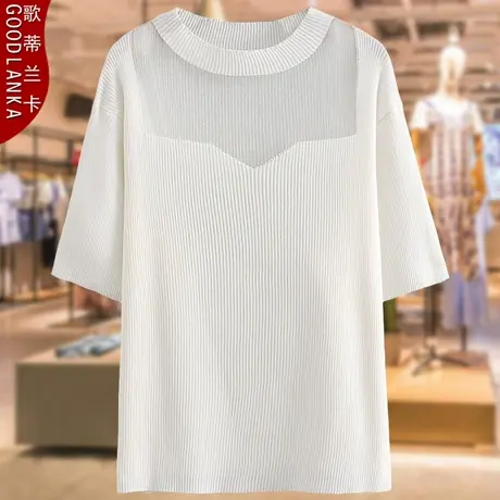 2023夏季新款妈妈短袖针织上衣加肥加大码女弹力显瘦网纱拼接T恤图片