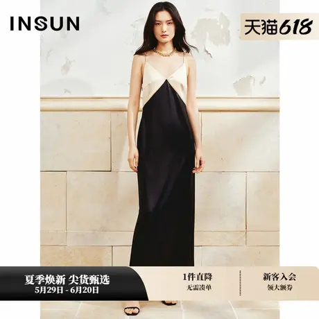 INSUN恩裳夏装拼色设计感真丝长款吊带裙图片