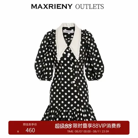 【奥莱】MAXRIENY法式复古波点连衣裙女春夏半袖显瘦气质黑色裙子图片