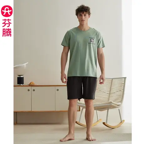 芬腾纯棉睡衣男夏季薄款短袖短裤休闲可外穿全棉大码青年居家套装图片