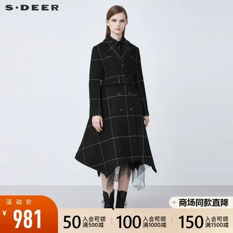 sdeer圣迪奥2021冬季新品西装领收腰格纹长款毛呢大衣女S21481821图片