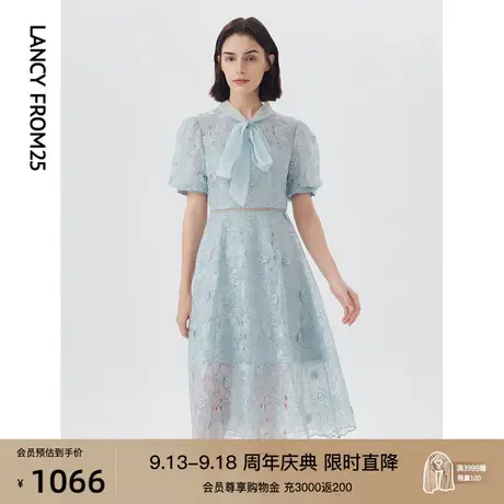 朗姿飘带领蕾丝气质蓝色修身泡泡袖连衣裙女设计感夏季新款仙女裙图片