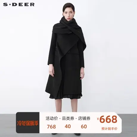 sdeer圣迪奥女装围巾拼接不规则长款黑色毛呢大衣S21481857商品大图