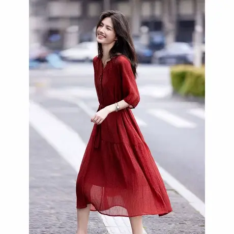 时尚短袖连衣裙2024年夏季新款女钻石领收腰显瘦知性优雅中袖长裙图片