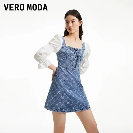Vero Moda奥莱连衣裙夏季新款气质方领拼接泡泡袖牛仔玫瑰花裙子图片
