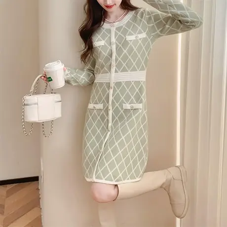唐唐狮秋冬季针织连衣裙毛衣小香风清新菱形格裙子气质淑女TU图片