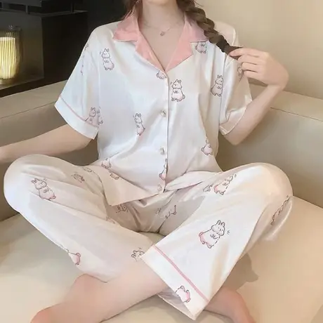 浪漫春天少女可爱卡通印花家居套装睡衣女夏季开衫套装图片