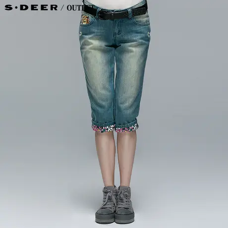 sdeer圣迪奥2014新款夏装女装拼接印花水洗磨白牛仔中裤2280770商品大图