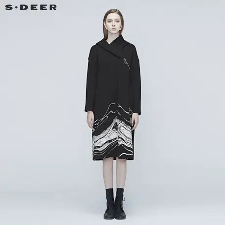 sdeer圣迪奥春秋原创设计不规则领晕染连帽大码连衣裙女S20381209图片