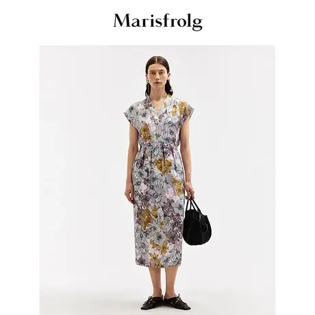 【艺术家灵感】玛丝菲尔夏季时尚V领繁花印花收腰连衣裙图片