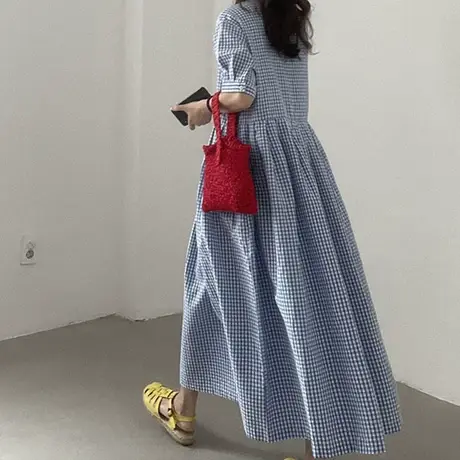 短袖格子套头衬衫连衣裙女过膝长款韩版宽松大码休闲A字气质裙子图片