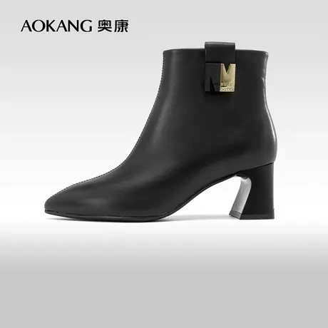 奥康女鞋 2023冬季新款真皮加绒尖头法式及踝靴时尚侧拉链时装靴图片