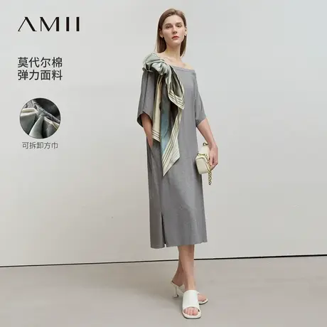 Amii2025夏新款可拆卸印花方巾一字领多穿造型连衣裙女小黑裙子图片