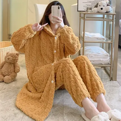 睡袍女冬季长款2023新款珊瑚绒加绒加厚女士睡衣秋冬款法兰绒套装商品大图
