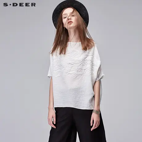s.deer【新品】圣迪奥宽松廓形绣花肌理前后摆棉麻上衣S17280111图片