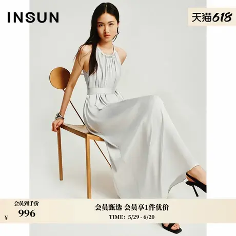 INSUN恩裳春老钱风气质褶皱设计挂脖连衣裙图片