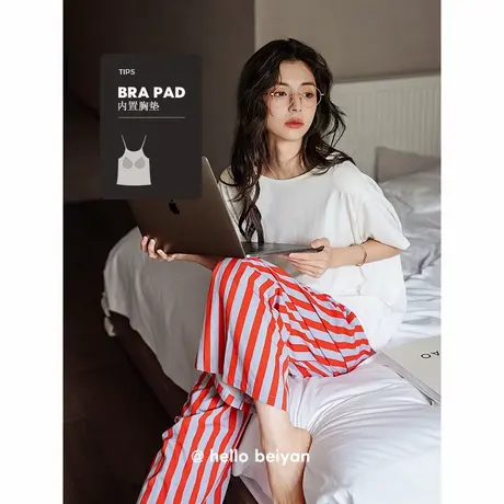 贝妍带胸垫睡衣女夏季薄款纯棉短袖条纹长裤套装女大码凉感家居服图片