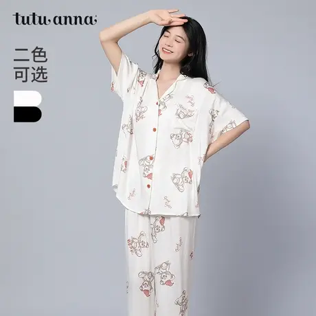 tutuanna春夏睡衣女款家居服 透气卡通小熊满印短袖长裤两件套女商品大图