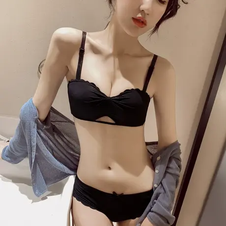 内衣女无钢圈性感无肩带美背露肩上托防滑调整型小胸聚拢文胸套装图片