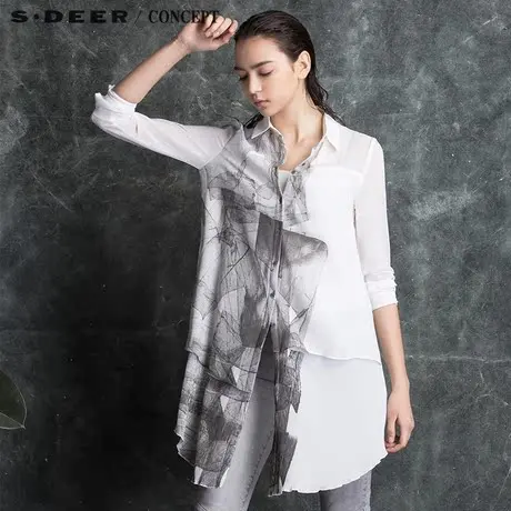 【新品】sdeer圣迪奥专柜正品线条勾勒印花不规则摆衬衫S16180548图片