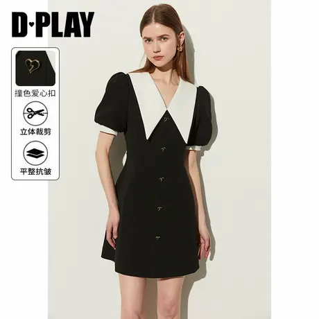 DPLAY年夏季新款黑色翻领收腰英伦风连衣裙通勤简约A字短裙女图片