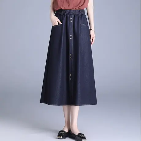 松紧腰牛仔裙高腰单排扣半身裙女2025春夏季新款显瘦中长款a字裙图片