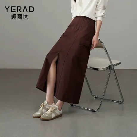 娅丽达设计感前开叉工装半身裙女2025新款秋季纯棉a字裙复古长裙图片