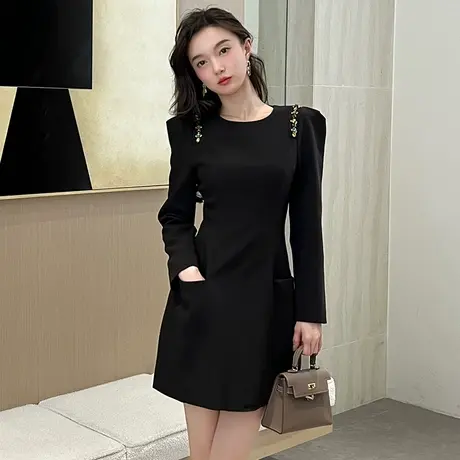 垂坠感a字连衣裙秋季2024新款女装法式赫本风圆领收腰长袖小黑裙图片