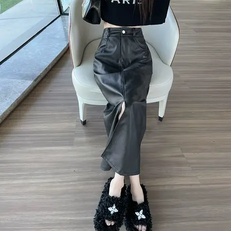 做旧高腰PU皮裙女秋冬款高级感开叉哑光半身裙中长款一步裙a字裙图片