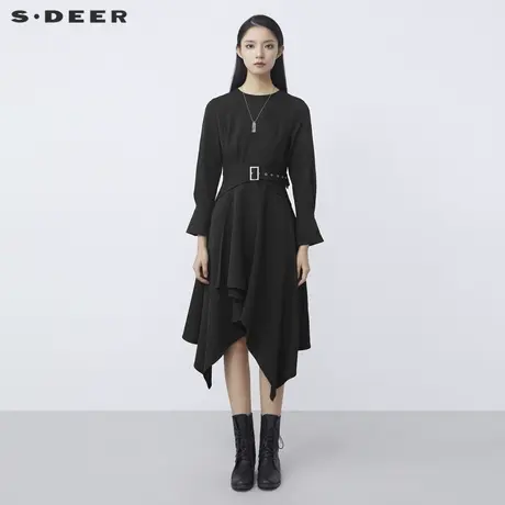 sdeer圣迪奥2021冬装新品复古圆领收腰不规则长袖连衣裙S21481223图片