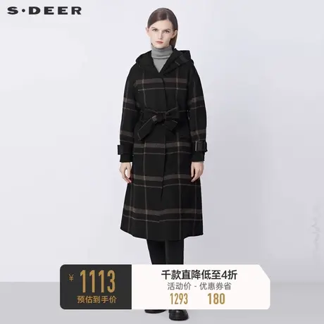 sdeer圣迪奥秋冬连帽格纹开襟马甲两件毛呢大衣S21481834图片