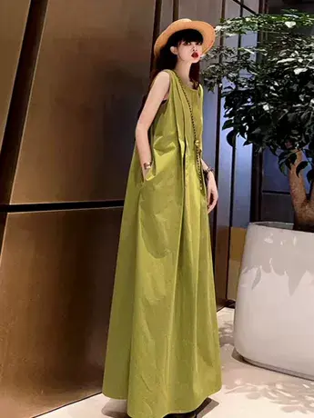 夏装新款无袖纯棉套头超长款气质大牌连衣裙女韩版宽松大码休闲裙图片