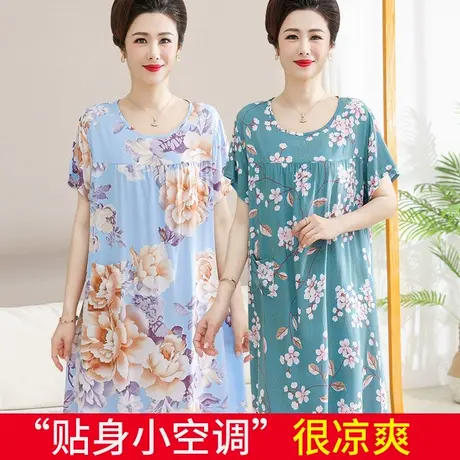 妈妈棉绸睡衣连衣裙女夏季薄款中老年人大码人造棉短袖家居服睡裙商品大图