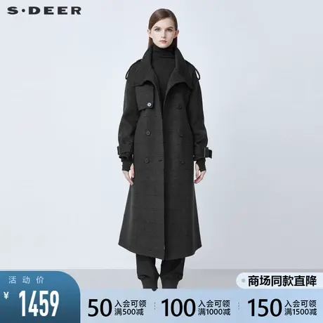 sdeer圣迪奥2021冬季新品复古高领收腰格纹工装毛呢大衣S21481814图片