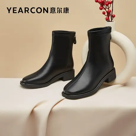 意尔康女靴2023新款秋冬季加绒短靴女粗跟中跟瘦瘦靴法式靴子时装图片