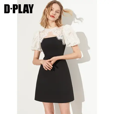 DPLAY德帕拉夏新法式复古裙子黑白撞色拼接蕾丝短袖连衣裙图片