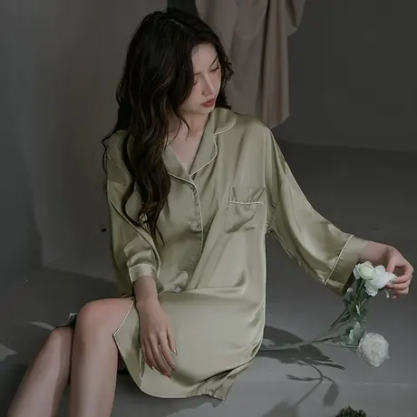 睡裙女夏冰丝薄款宽松大码丝绸男友风衬衫裙睡衣春秋可外穿家居服图片