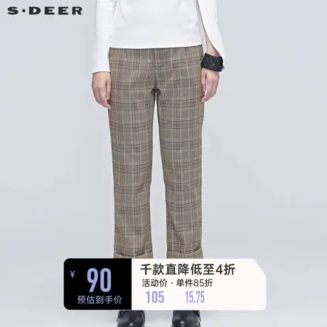 sdeer圣迪奥春装女装复古英伦格纹宽松直筒卷边休闲长裤S20380812商品大图