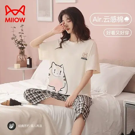 猫人睡衣女夏季纯棉短袖7分裤空调房起居服可爱卡通可外穿家居服图片