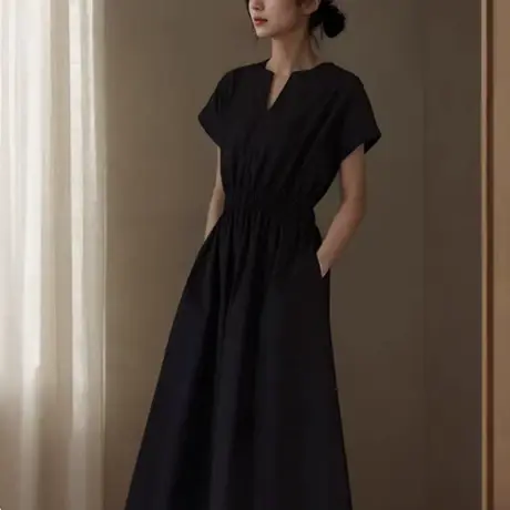 纯诗曼法式夏季新款通勤褶皱气质显瘦V领连衣裙女收腰显瘦长裙子图片