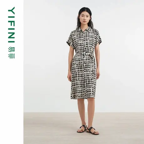 [专柜同款]Yifini/易菲手绘艺术波点印花衬衫裙女短袖气质连衣裙图片
