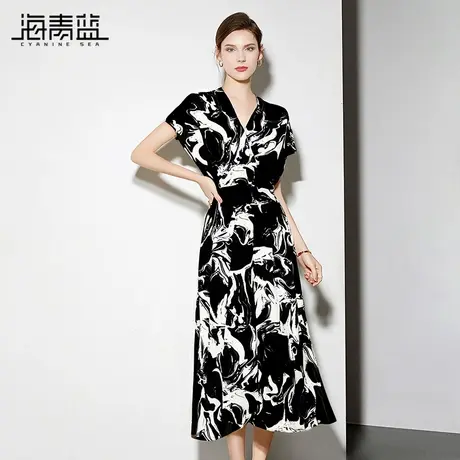 海青蓝高级感印花连衣裙女2025夏季新款V领遮肉显瘦雪纺中长裙图片