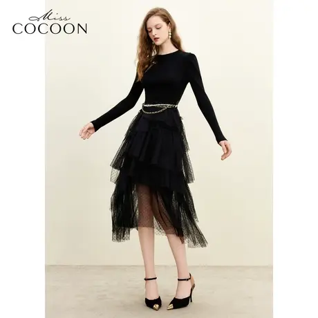 MISSCOCOON高腰网纱拼接蛋糕裙23冬季女肩部镂空年会连衣裙图片
