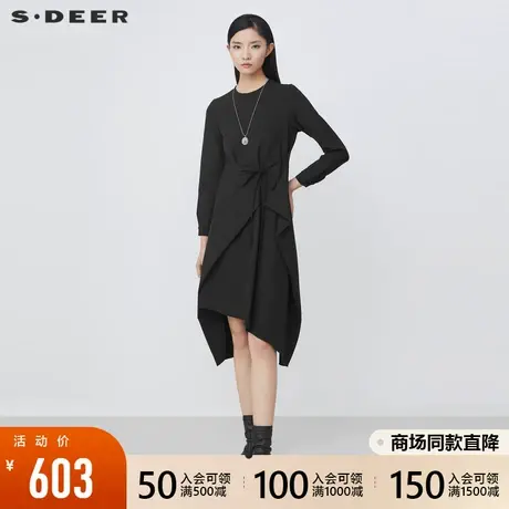 sdeer圣迪奥2021冬装新品圆领系带拼接不规则长袖连衣裙S21481220图片