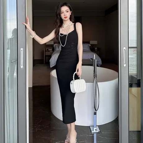 收腰显瘦显身材吊带连衣裙女小众修身包臀鱼骨性感露背黑色长裙子图片